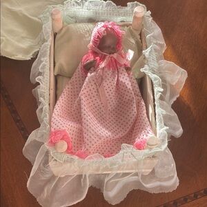 Vintage/rare porcelain African American Doll in Pink Polka Dot Dress with Bonnet
